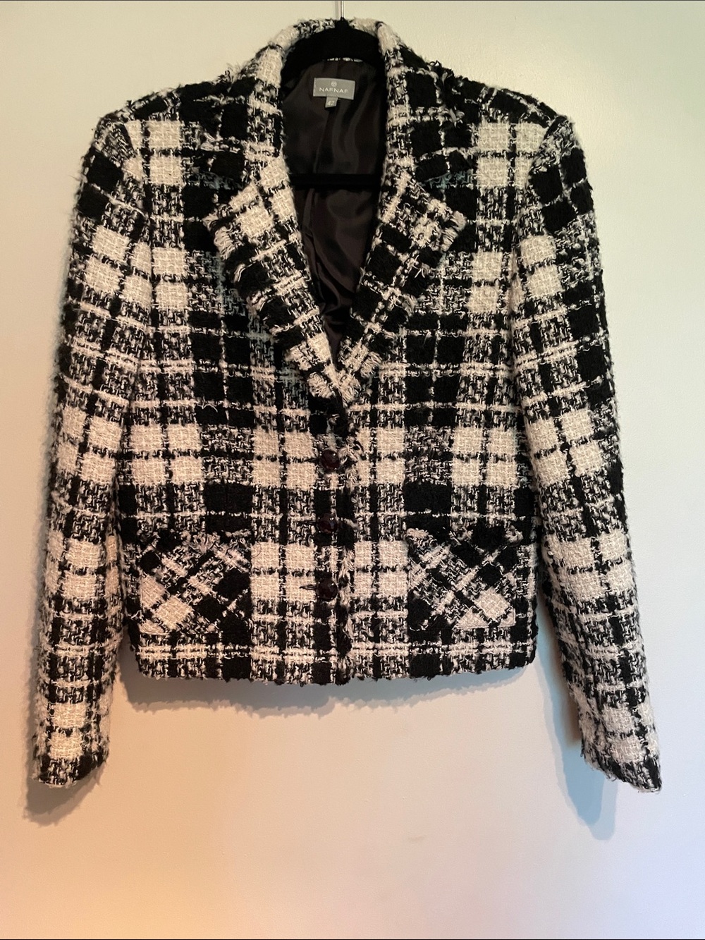 NAF NAF Paris BlackWhite Tweed bouclé Blazer 3 buttons front pockets S 42(US 10)